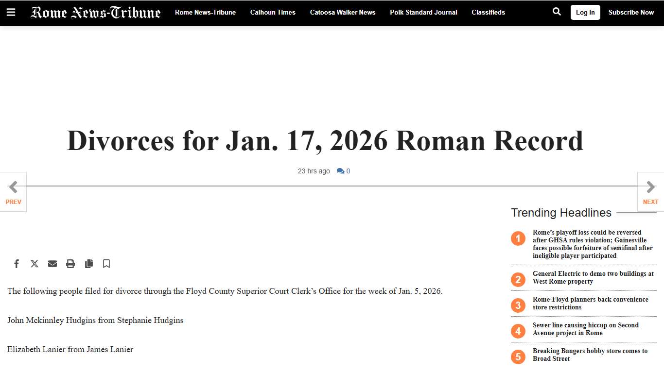 Divorces for Jan. 17, 2026 Roman Record | | northwestgeorgianews.com
