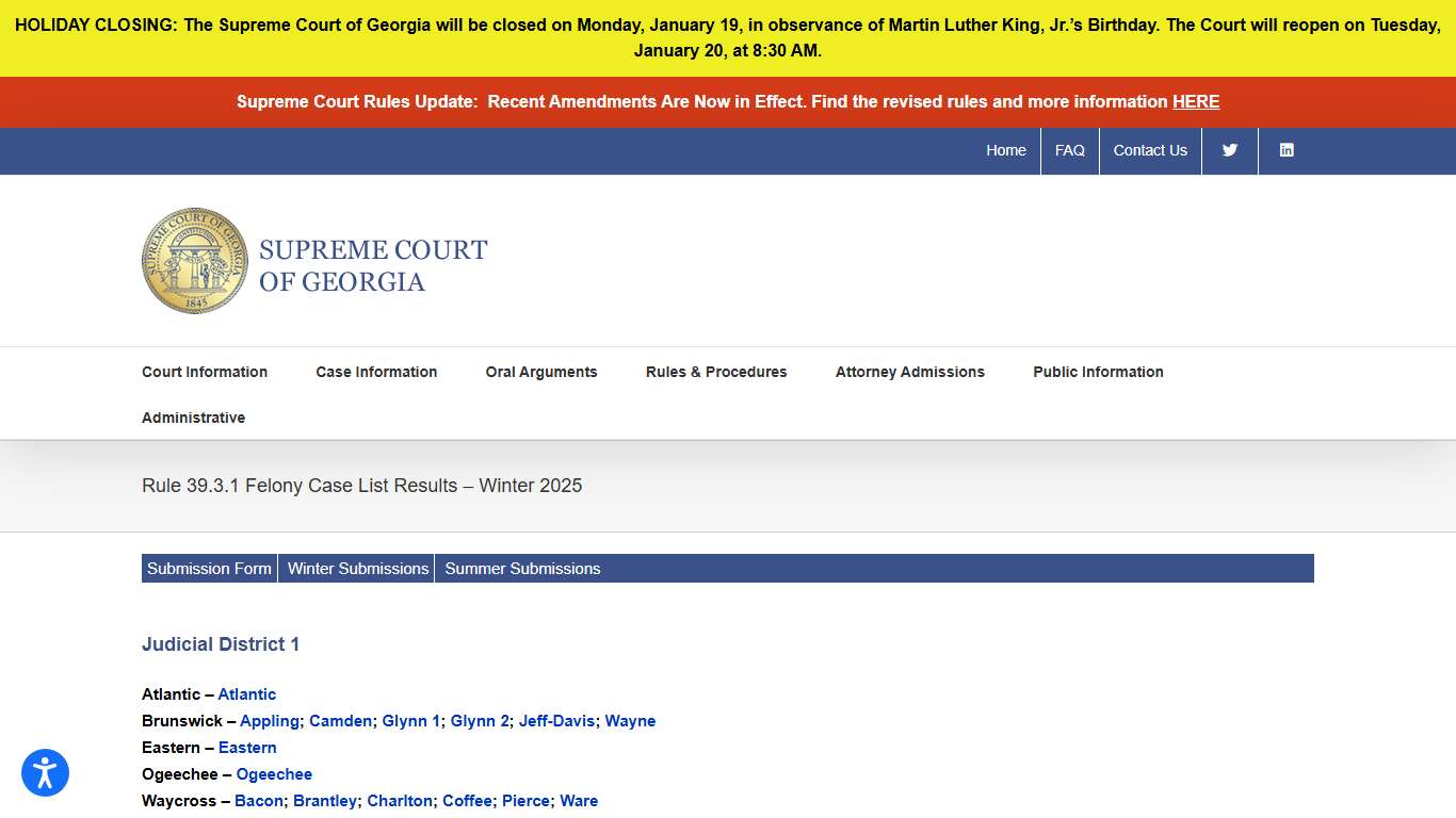 Rule 39.3.1 Felony Case List Results – Winter 2025 – Supreme Court of Georgia